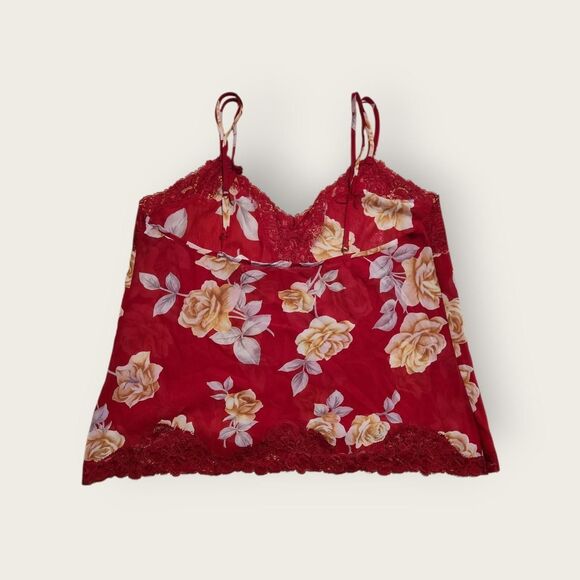 VTG Y2k Victoria's Secret red floral sheer lace trim cropped camisole tank top M - Picture 2 of 4